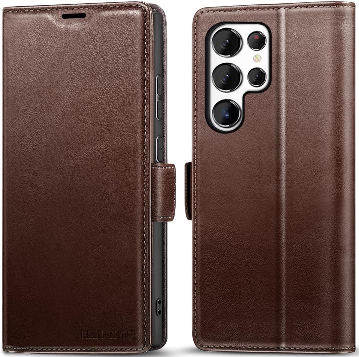 KEZiHOME Case for Galaxy S24 Ultra, Genuine Leather Wallet Case [RFID Blocking] Card Holder Kickstand Magnetic Protective Phone Folio Cover Compatible with Galaxy S24 Ultra 6.8" Brown