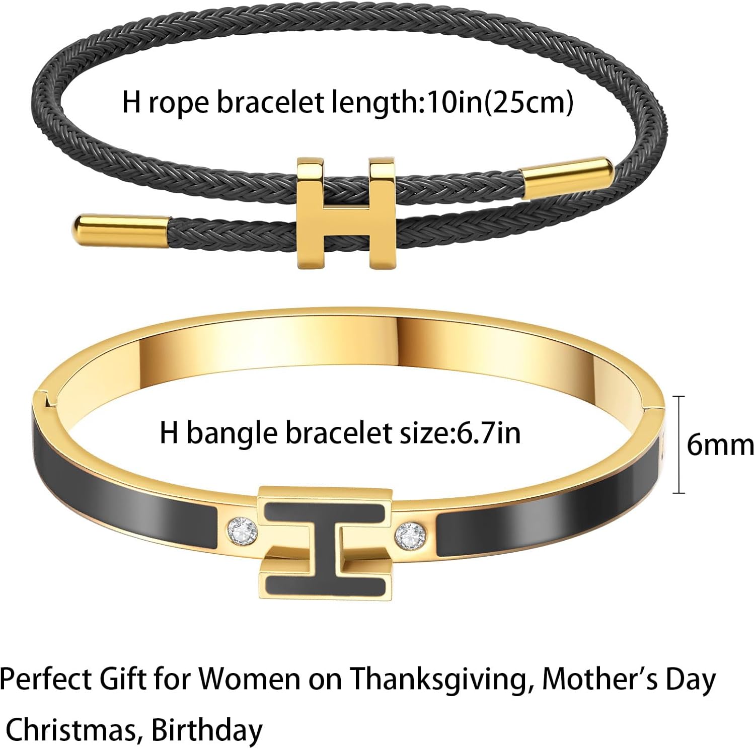 H Bracelets for Women,H Bangle and H Wire Rope Bracelet Set,18K Gold Plated Bracelets Set for Christmas Mothers Day Gifts for Women - Image 7