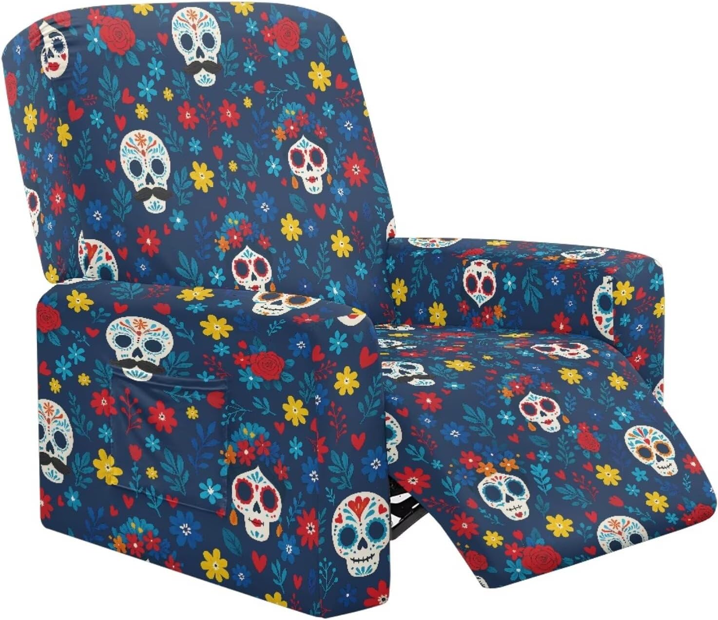 Sugar Skull Floral Print Reclining Slipcover Solo Seater, Breathable Lazy Boy Chair Cover with Side Pocket, Anti Stain Recliner Covers for Reclining Chair 4 Piece Set
