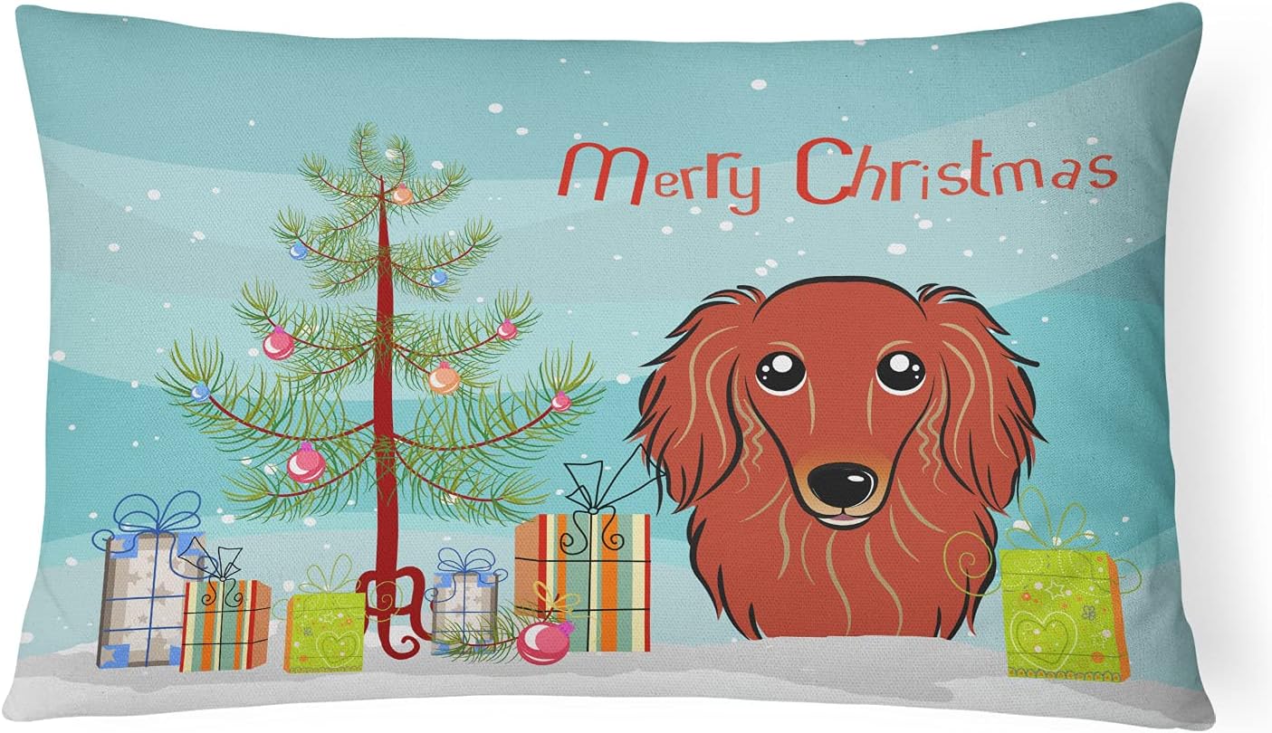 Caroline's Treasures BB1586PW1216 Christmas Tree and Longhair Red Dachshund Canvas Fabric Decorative Pillow Machine Washable, Indoor Outdoor Decorative Pillow for Couch, Bed or Patio, 12HX16W