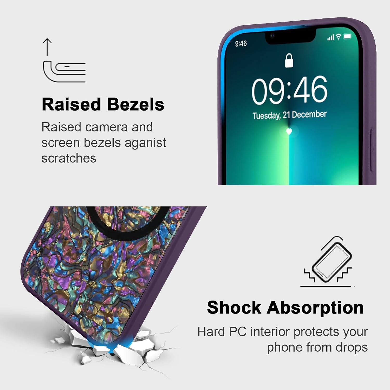 Magnetic for iPhone 13 Pro Max Case, Luxury Colorful Abalone Shell Phone Case for Women Men, Compatible with MagSafe, Cute Sparkle Glossy Shockproof Protective Cover, Elegant Purple