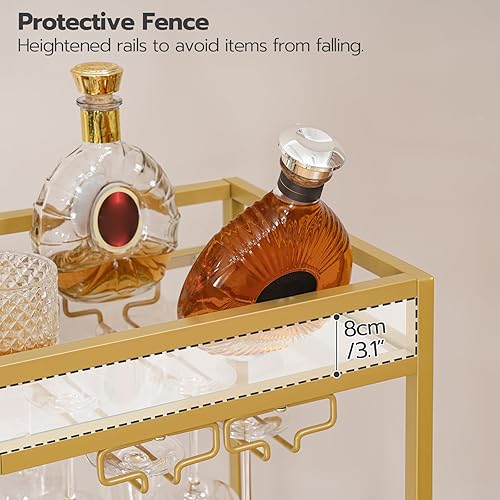 Miniatura 8 de HOOBRO Carrito de bar para el hogar, carrito de cocina de 2 niveles con estante para vino y soporte para vidrio, carrito de servicio con ruedas y