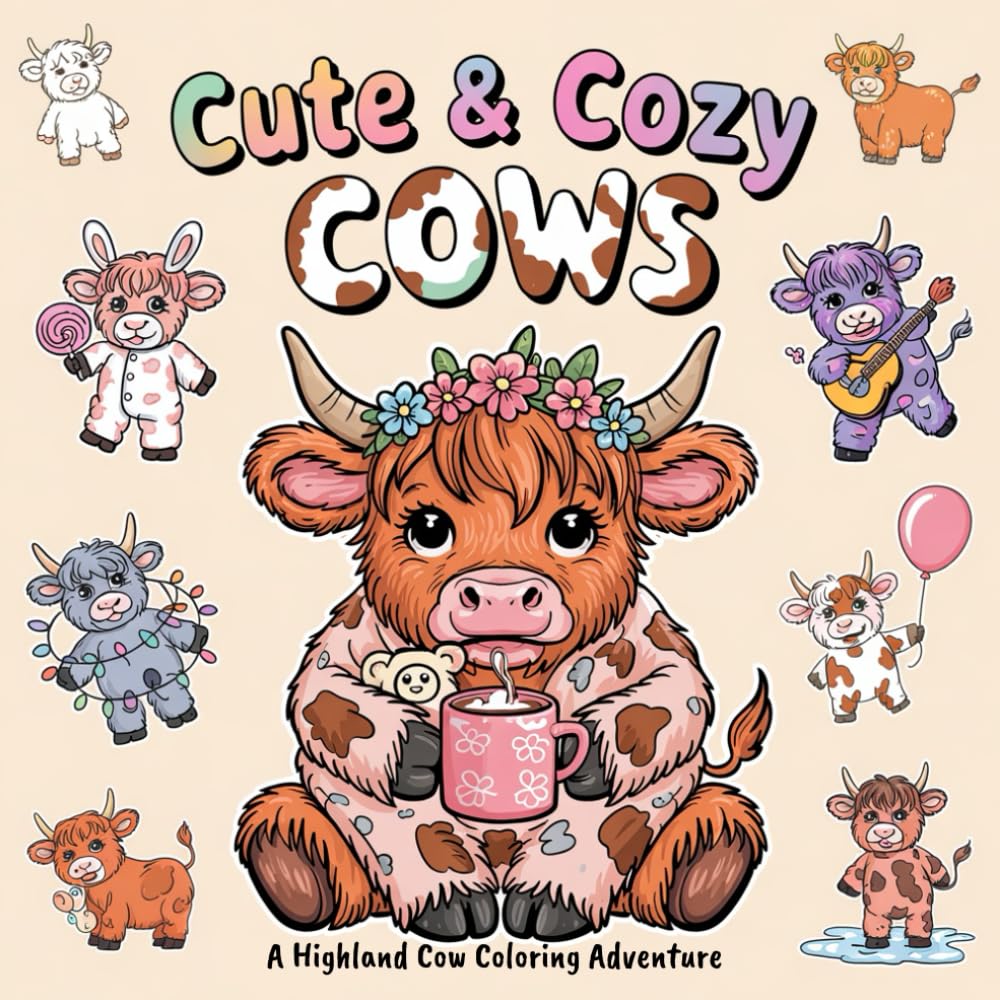 Cute & Cozy Cows: A Highland Cow Coloring Adventure: Adorable and Relaxing Coloring Pages for Kids, Teens, and Adults Who Love Highland Cows