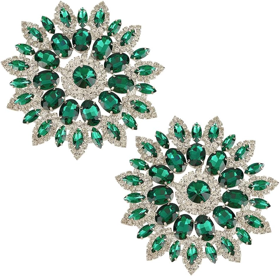 FINGERINSPIRE 2 PCS Flower-Shaped Rhinestone Applique 4.4inch Sea Green Flatback Rhinestones Beaded Patch Crystal Embellishments Sew on Clothing Applique for Bridal Brooches Button Clothes Decoration