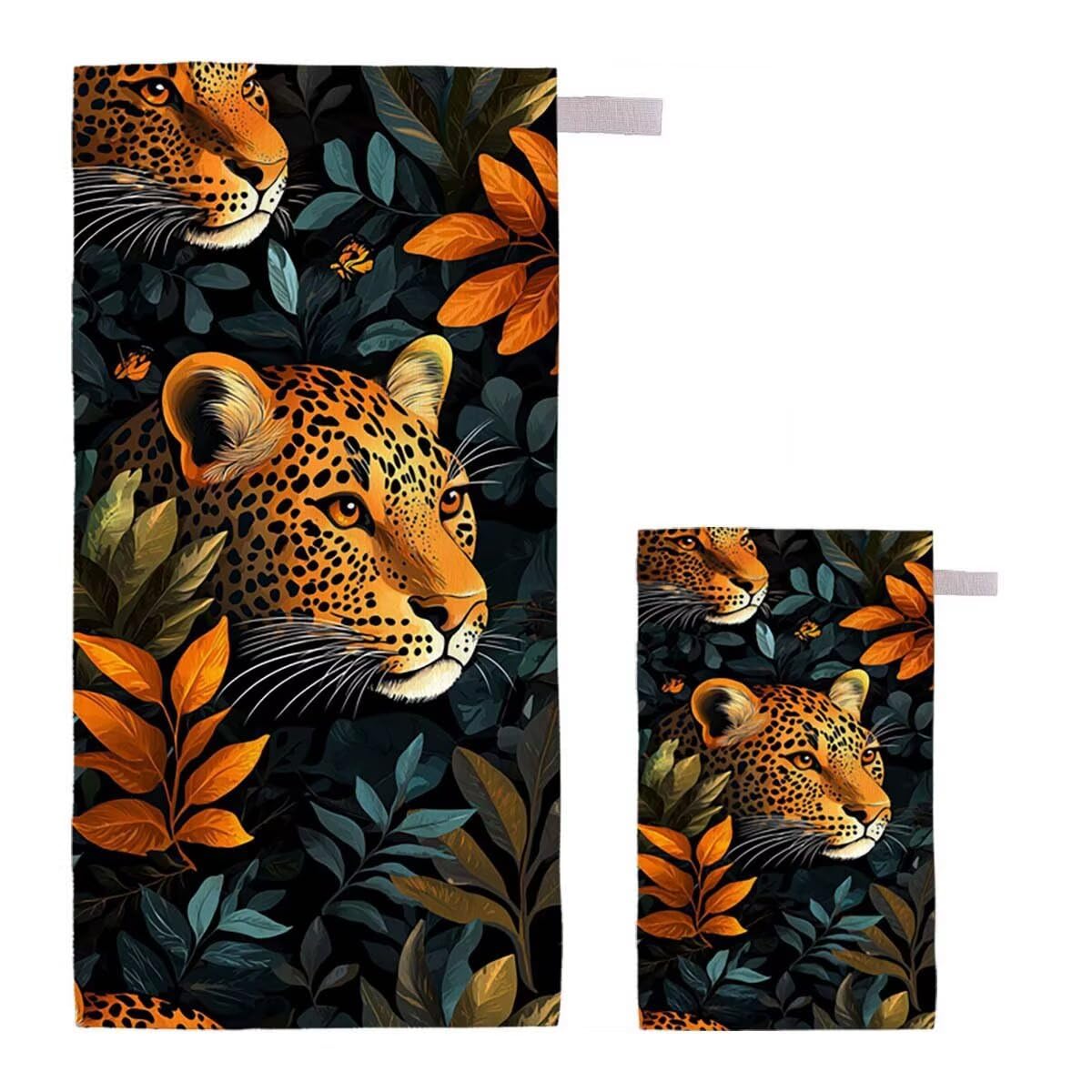 Strandtuch XXL 90x200cm/35x70cm 2er Set Mikrofaser Strandtuch, Schnelltrocknend Strandliege Kompakt Sandfrei Saunahandtuch mit Tasche, Mikrofaser Handtuch für Strand Reise Urlaub (Leopard) I-92