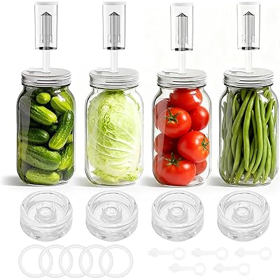 Fermentation Kit for Wide Mouth Mason Jars 4- Complete Pickling & Sauerkraut Set with Glass Weight, Stainless Steel Lid, Air Lock Valve, Silicone Seals (Jar Not Included)
