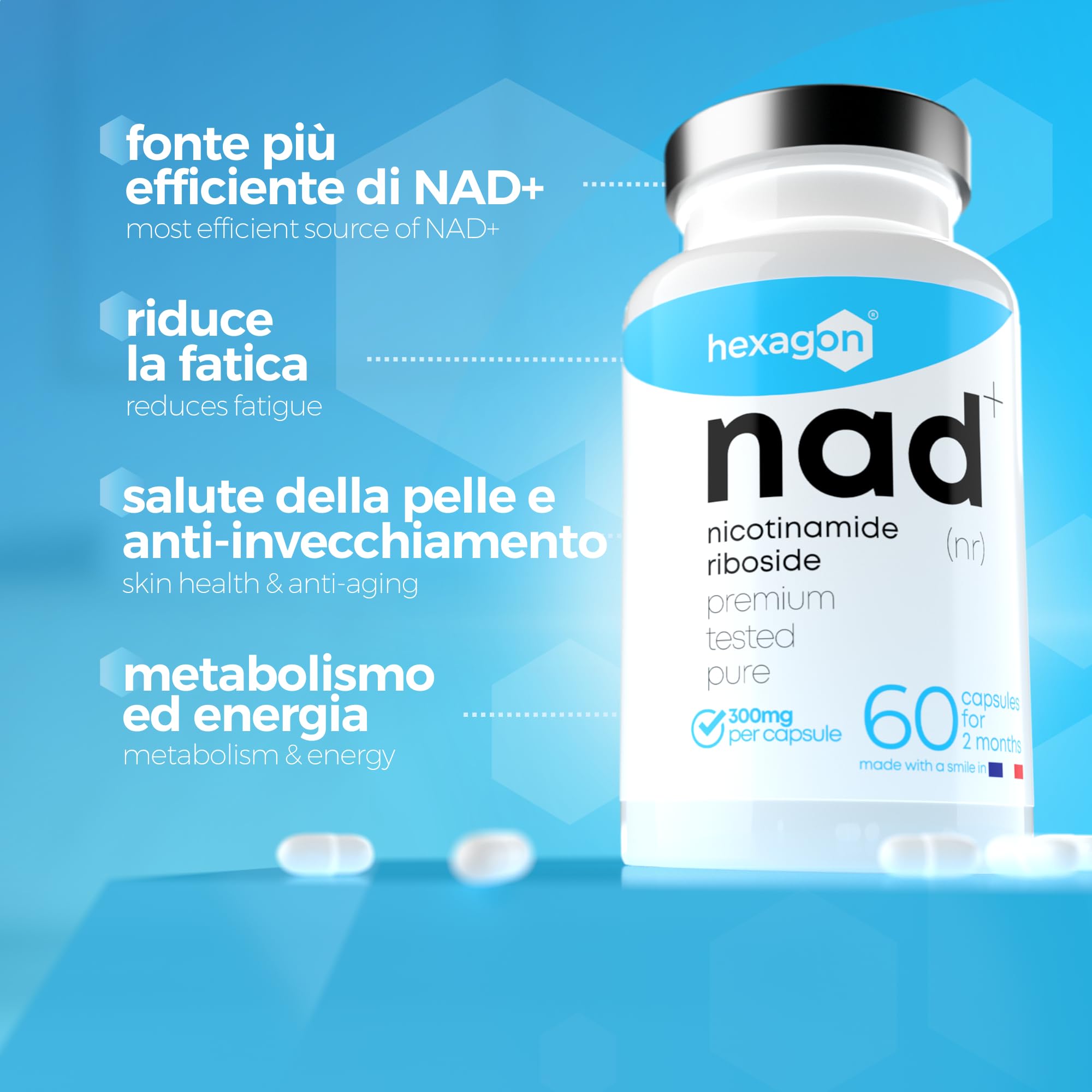 NAD+ Nicotinamide Riboside Cloruro 300mg - +2 Mesi di Cura - Booster NAD - Anti-Età e Anti-Fatica - Made in France - 60 capsule vegetali - Vegan - Hexagon
