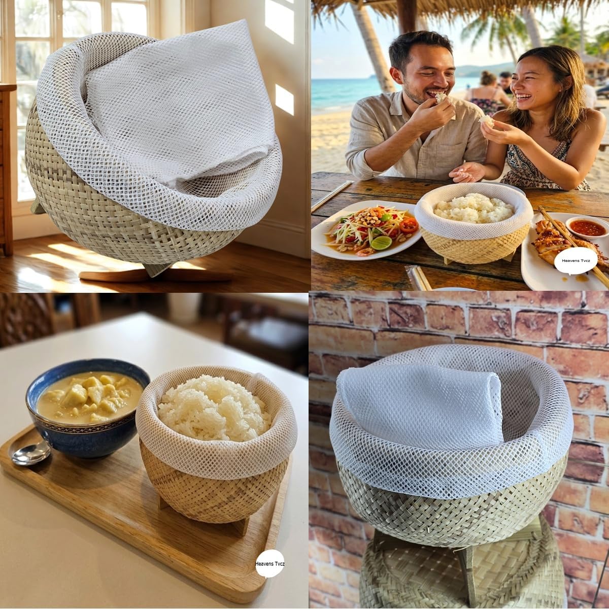 Premium Handmade Thai Sticky Rice Basket Set with Reusable Steaming Cloth – 7 Inch Natural Bamboo Sticky Rice Container, Traditional Lao & Thai Kitchen Decor for Serving Sweet Rice