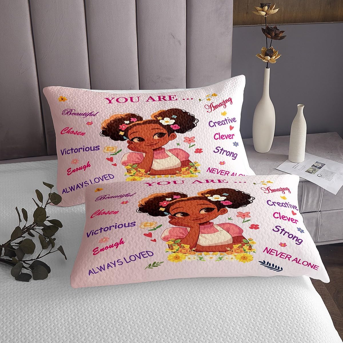 Erosebridal Black Girls Princess with Flowers Quilt Set, Pastel Pink Girly Coverlet Sets Yellow Sunflower Decor Bed Set for Nursery Colorful Floral African Kids Bedspread, Queen 3Pcs