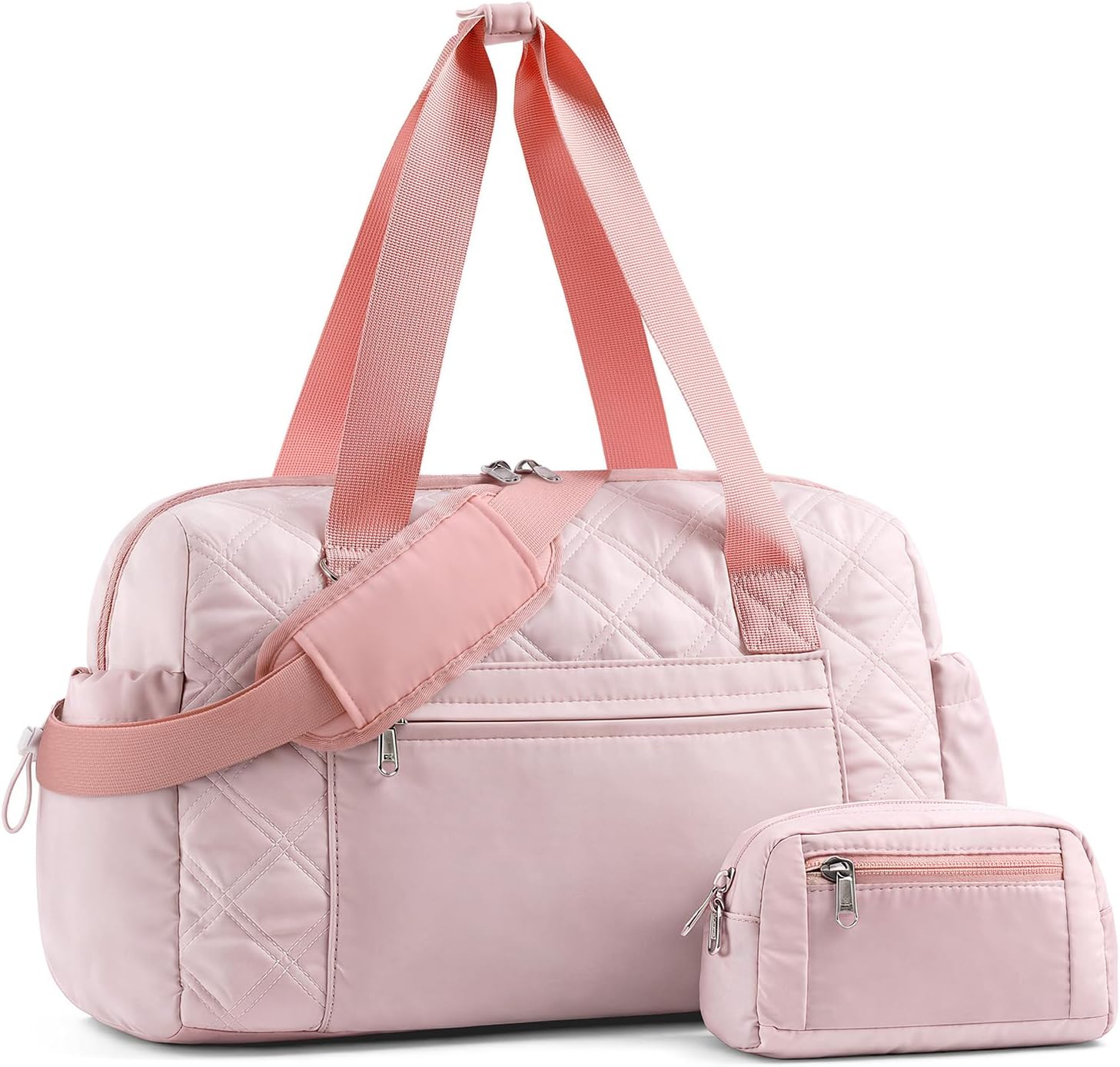 Small Gym Bag for Women, Mini Sports Duffle Bag for Workout Dance Ballet Yoga Gymnastics, Quilted Lightweight Puffer Travel Tote with Detachable Coin Purse & Wet Pocket, Pink