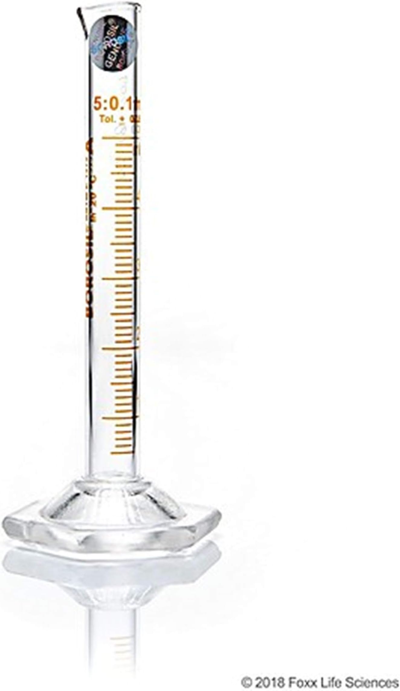 Foxx Life Sciences 3026009A Borosil Borosilicate Glass 3.3 Class A TC Graduated Measuring Cylinder with Pour Spout, Hexagonal Base, Clear, 25 ml Capacity (Pack of 5)