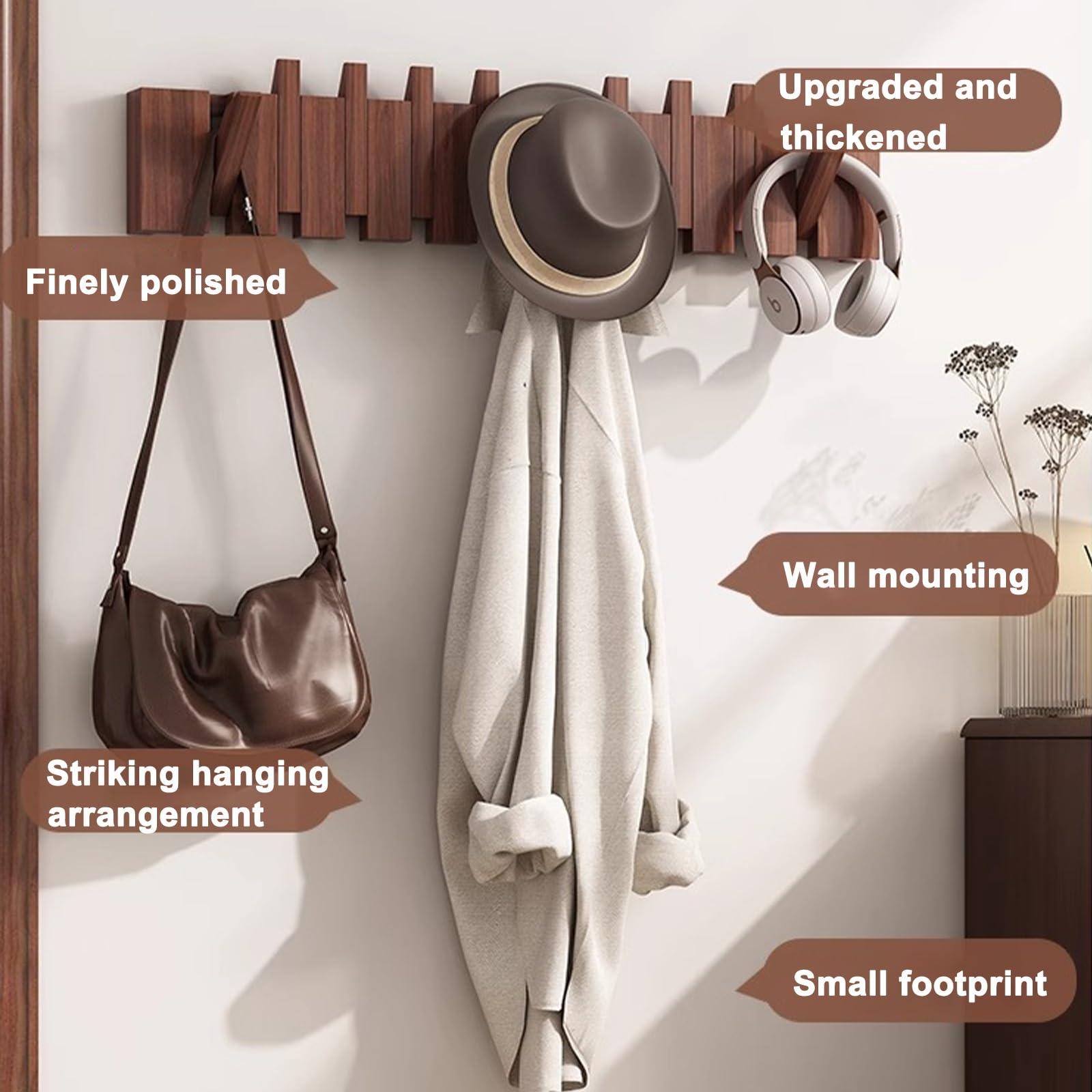 NEPHRA Perchero de Pared de Madera Plegable con Ganchos Abatibles Estilo Tecla de Piano, Perchero Pared de Haya, Organizador para Ropa, Llaves, Sombreros, Toallas, Bolsos(Raw wood,12 hooks)