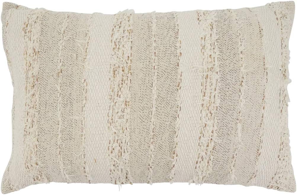 Fennco Styles Fringe Striped Design Cotton Decorative Throw Pillow Cover 16" W x 24" L – Ivory Cushion Case for Home, Couch, Bedroom, Living Room and Office Décor