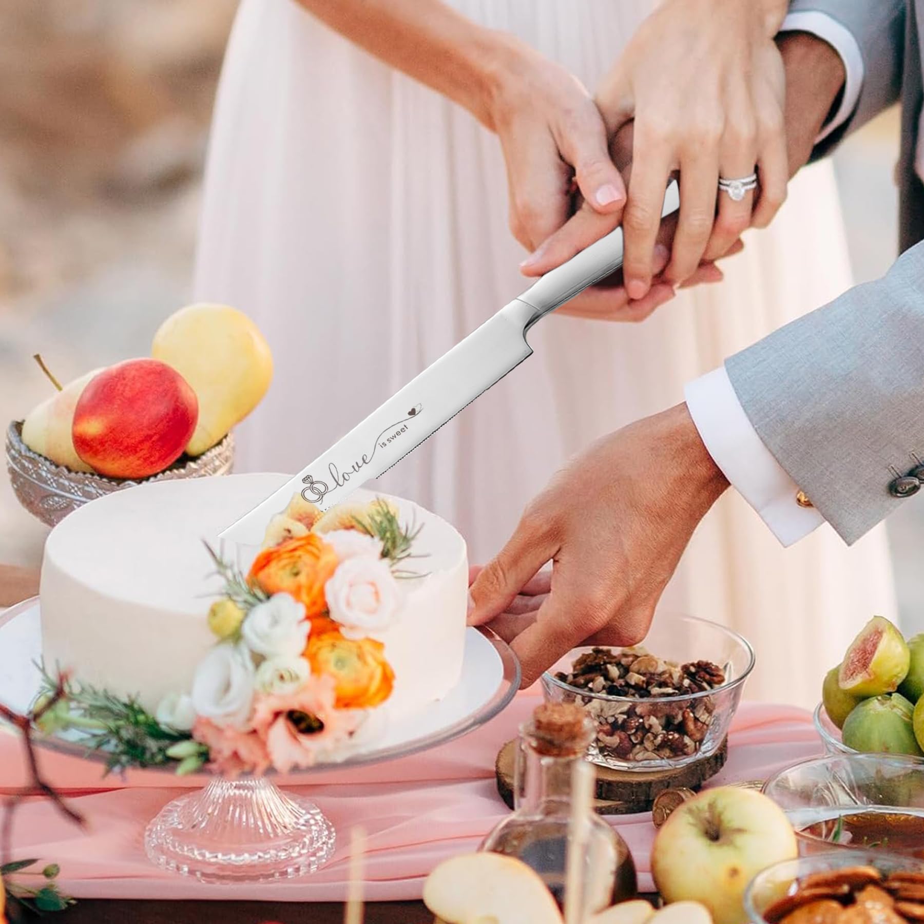 Juego de cuchillo y servidor para tartas de boda, tenedores y juego de corte de pasteles para boda para parejas 2024 (plateado)