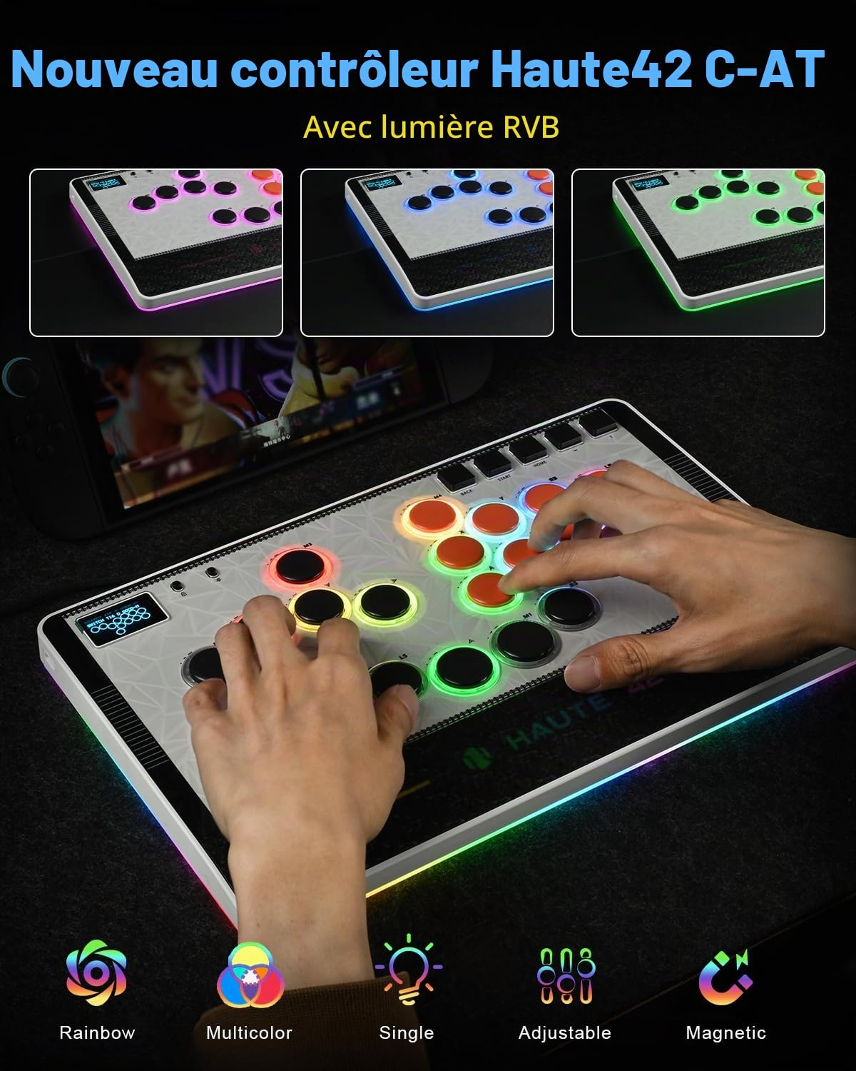 Haute42 C-AT Bâton d'arcade sans levier pour PC/PS3/PS4/Switch Game, contrôleur d'arcade avec câble de sécurité et support Turbo Swap et SOCD Blanc