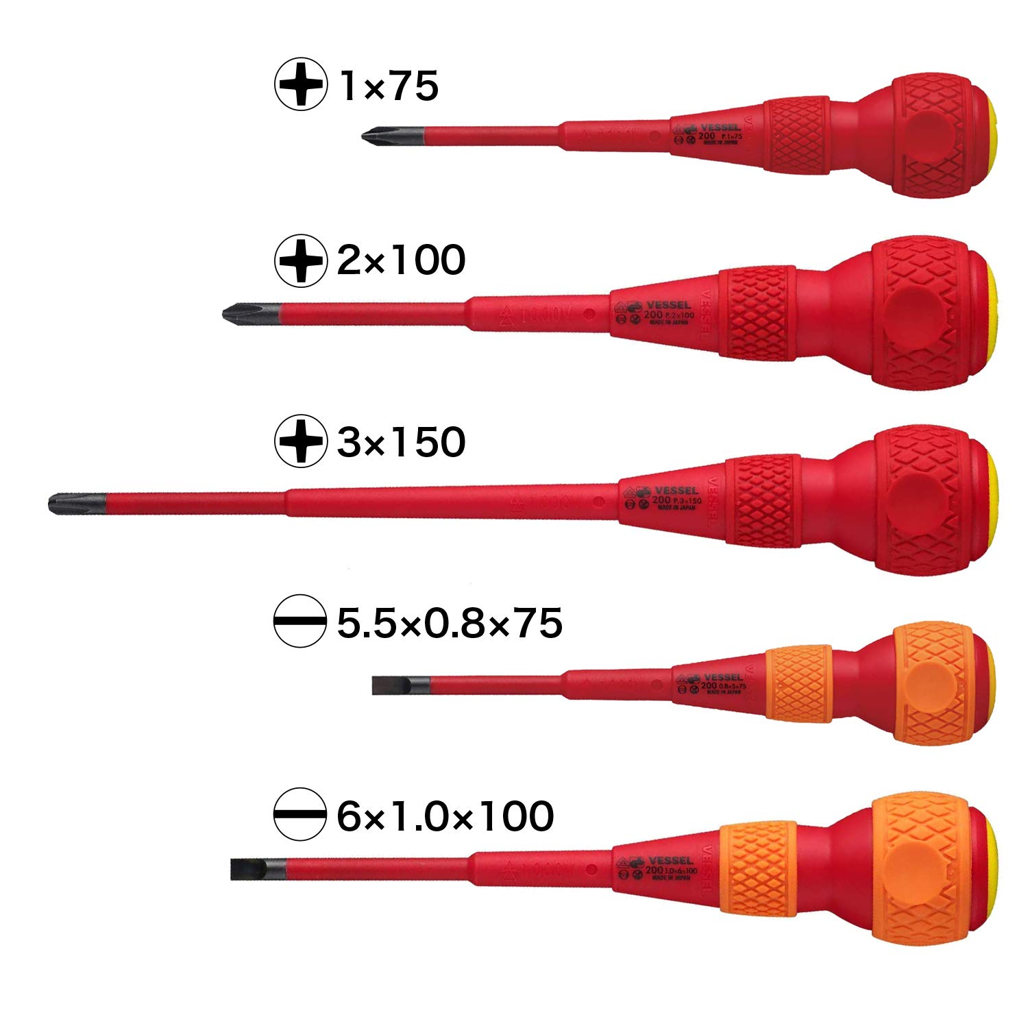 VESSEL Destornillador BALL GRIP VDE (aislados) Cruciforme/Plato, juego de 5 piezas