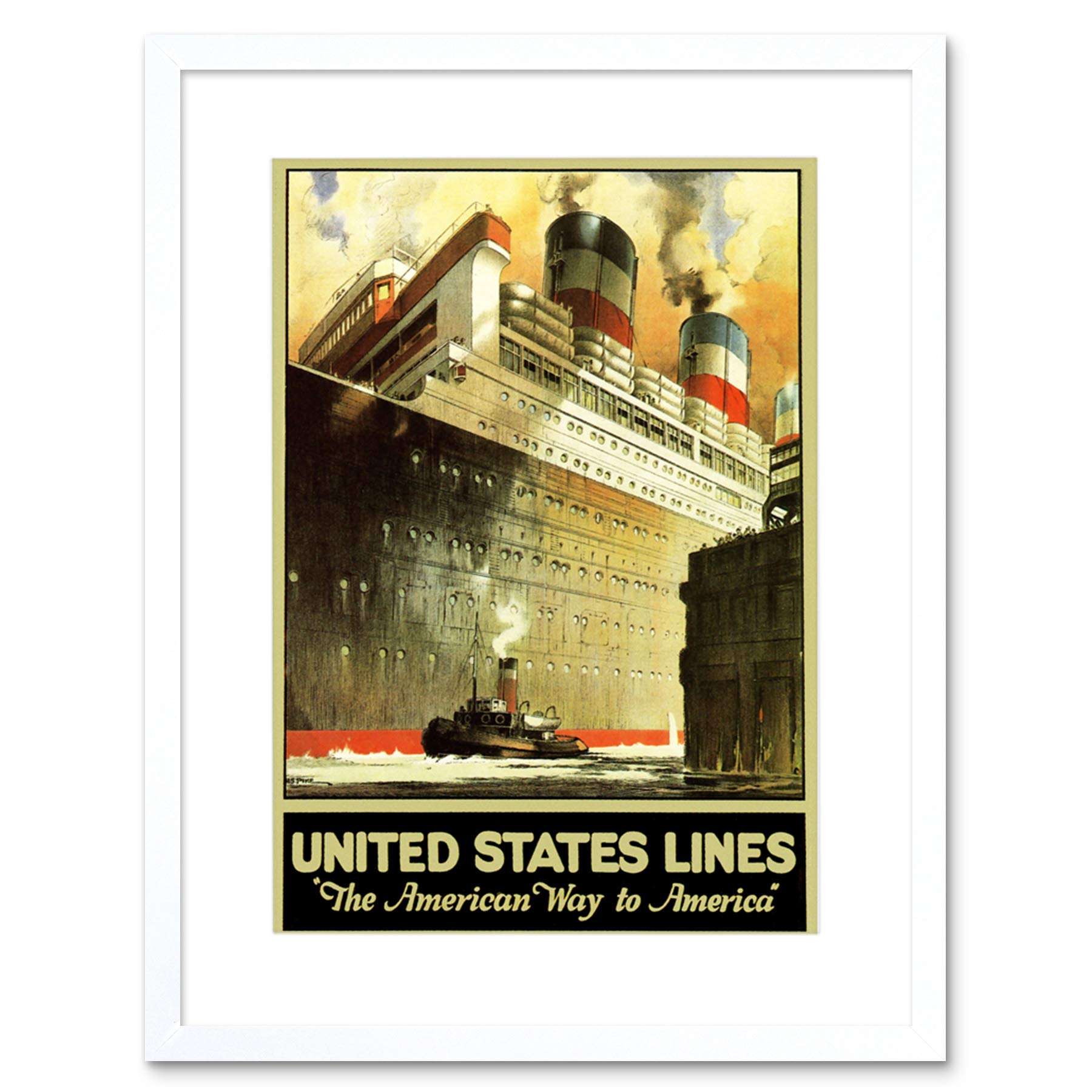 Wee Blue Coo Travel Us Lines Cruise Liner Ship Dock Ocean Tug Boat Framed Wall Art Print