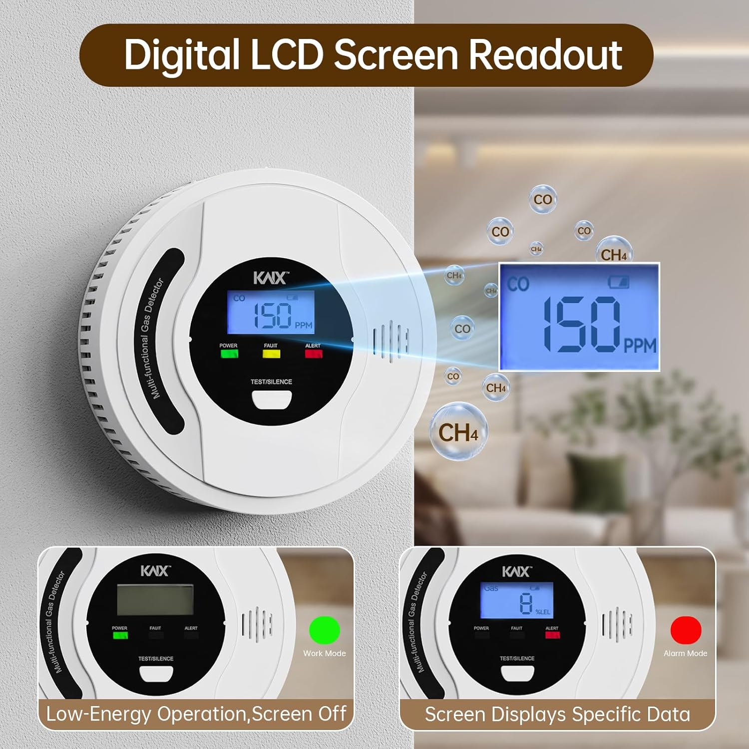 4-In-1 Carbon Monoxide Detectors, Natural Gas Detector and Propane Detector Battery Powered, with Temper Sensor,Digital Display, CO Monitor, Methane,Propane, CO Detector, Gas Leak Detector for Home,RV