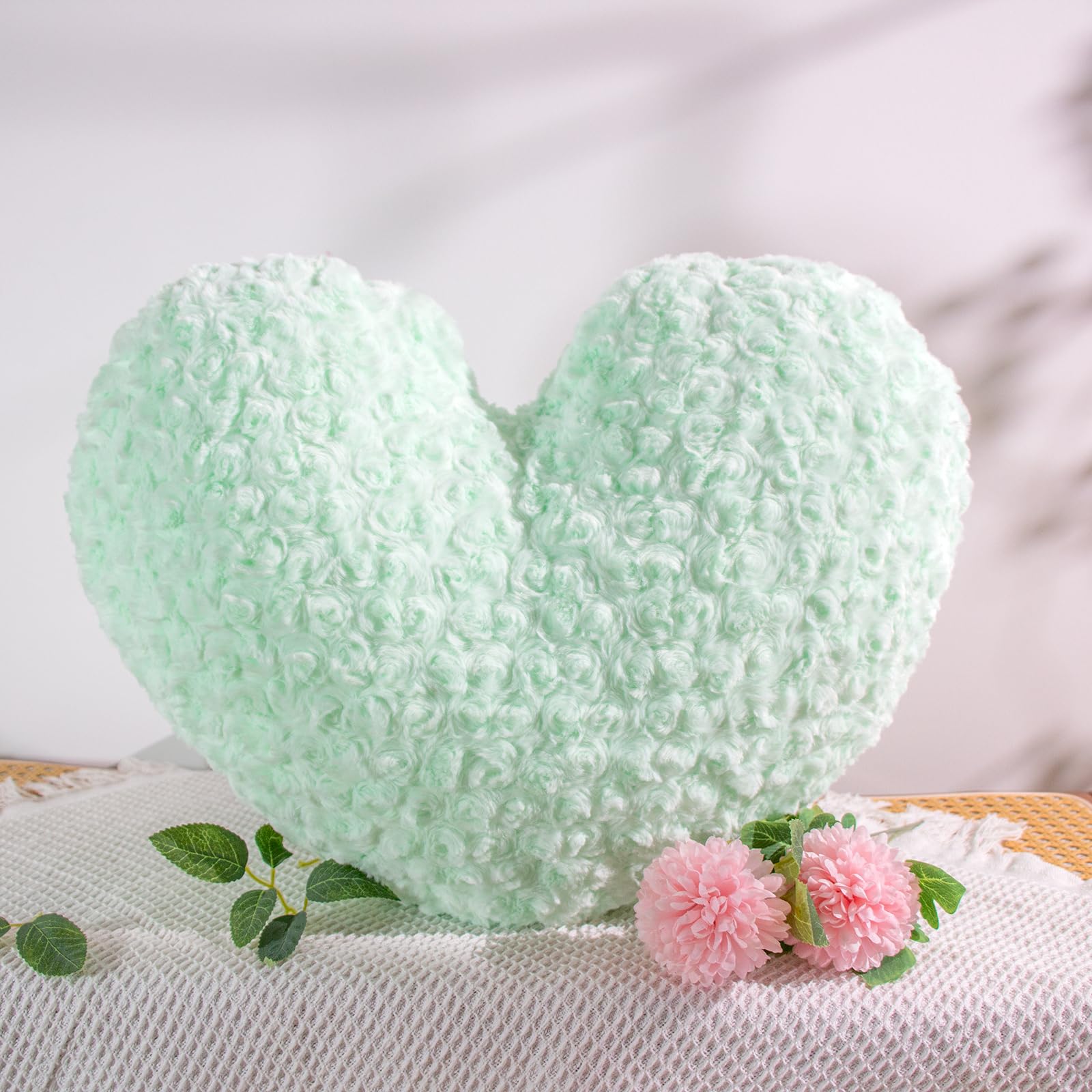 Ailive 18" Minty Sage Heart Pillow, Luxury 600GSM Rose Textured Faux Rabbit Fur, Fresh Seafoam Green Aesthetic Throw Pillow for Bedroom, Soft Matte Pastel Green Heart Cushion — image 1