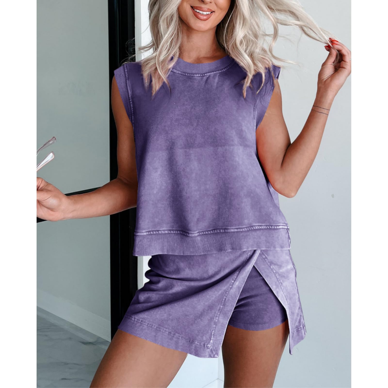 Generisch Conjunto de verano de dos piezas para mujer: un set de ropa de descanso de algodón compuesto por una camiseta de tirantes y una falda deportiva con aberturas laterales y pantalones