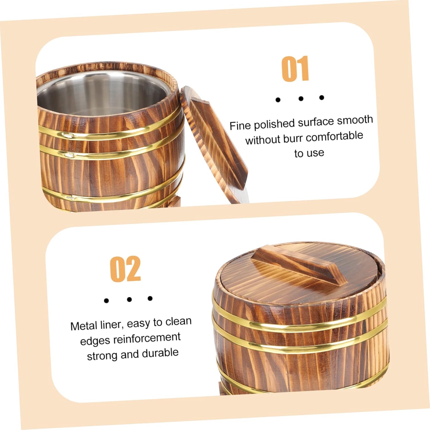 Wooden Rice Steamer Bucket Lid Round Rice Storage Container Household Kitchen Accessory for Steaming and Storage Stainless Steel Inner Liner for Home Cooking