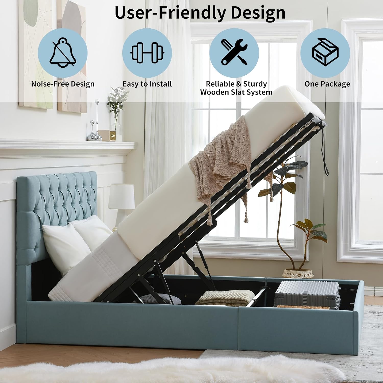 VELOCAVA Queen Size Lift-Up Storage Bed, Light Blue Linen-Textured Upholstered Platform Frame with Button-Tufted Headboard, Space-Saving Modern Design, No Box Spring Needed
