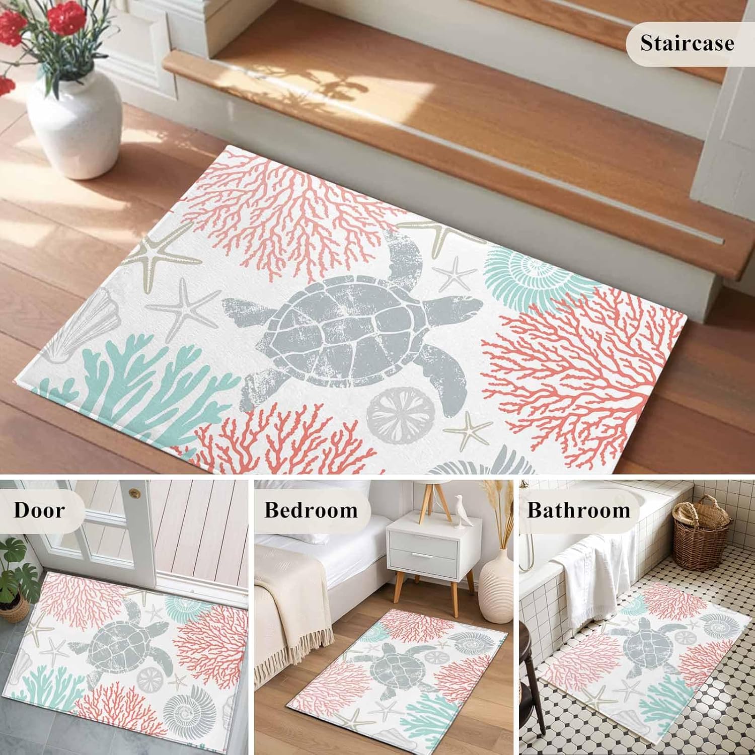 DecorLovee Entryway Rug 2'x3', Teal Red Coastal Turtle Small Rug for Kitchen Bathroom Door Mat Indoor Entrance, Ocean Coral Nautical Non-Slip Area Rugs Floor Mats Carpet Front Door Rugs
