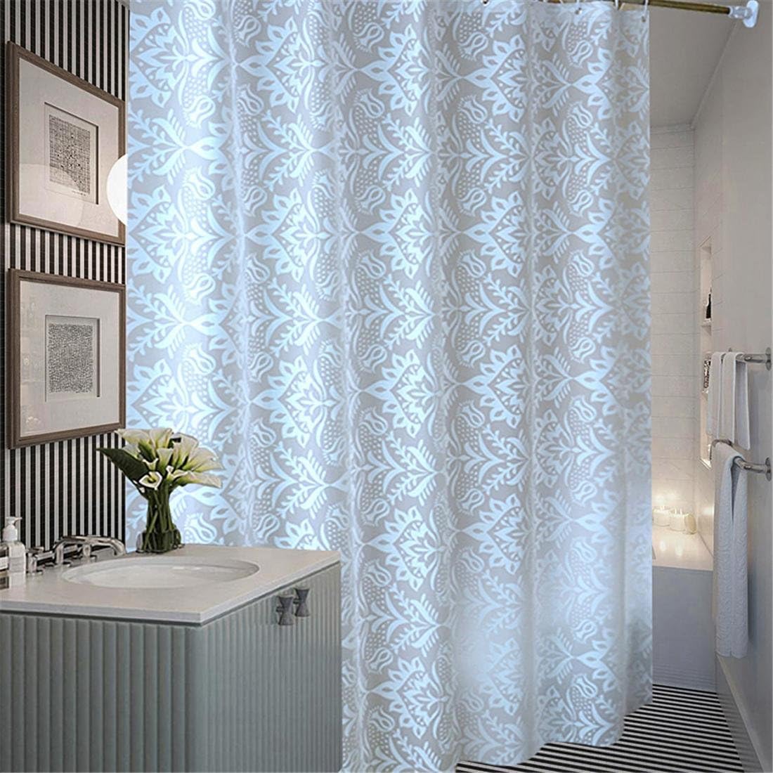 Zhomesupplies Plastic Translucent Shower Curtain, Extra Long White Pattern Mildew Resistant Waterproof Bathroom No Transparent With Enough Rings Hooks, 240 x 200 cm