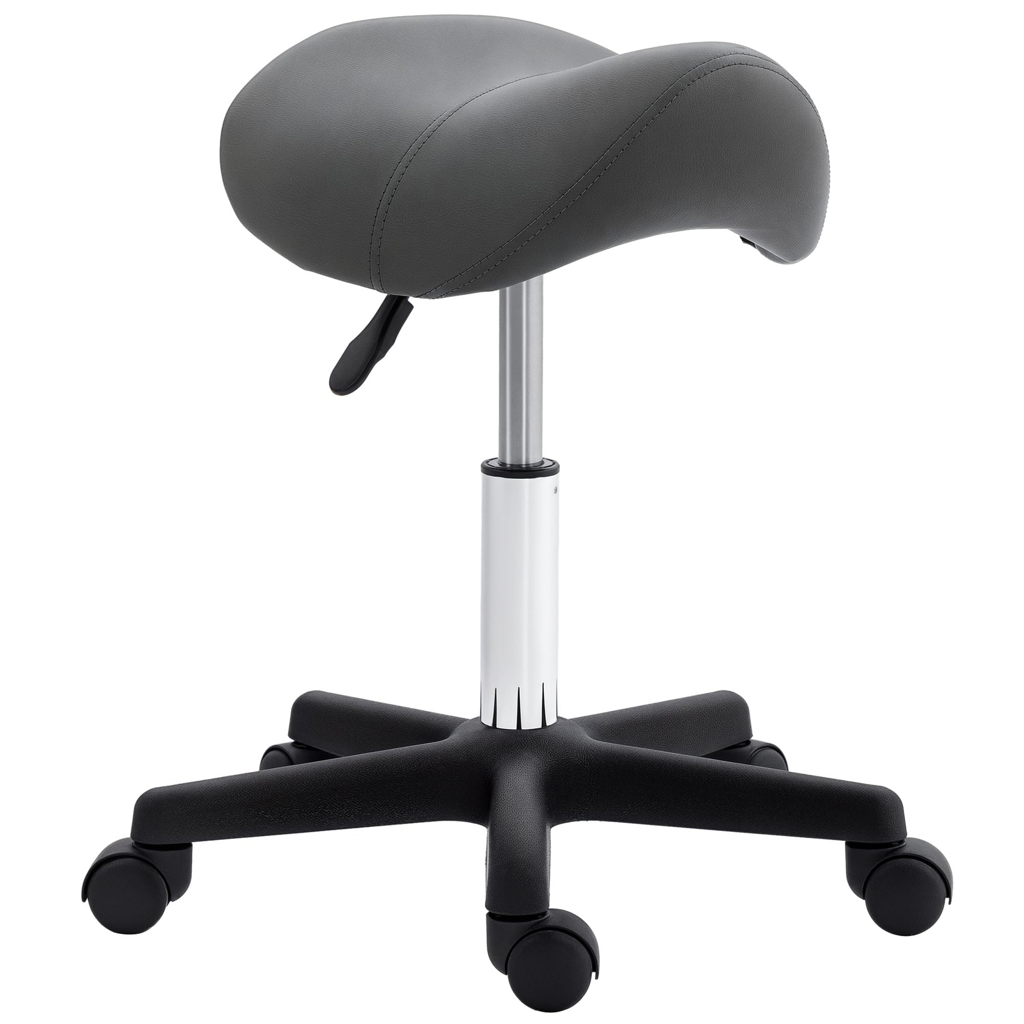 HOMCOM Saddle Stool, PU Leather Adjustable Rolling Salon Chair with Steel Frame for Massage, Spa, Beauty and Tattoo, Grey