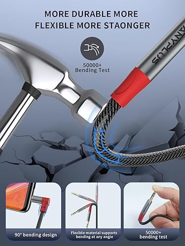 Miniatura 3 de Cable de audio de 0.138 in de 3 pies, conector de auriculares a conector de auriculares, cable auxiliar de 90 grados, cable auxiliar macho a macho,