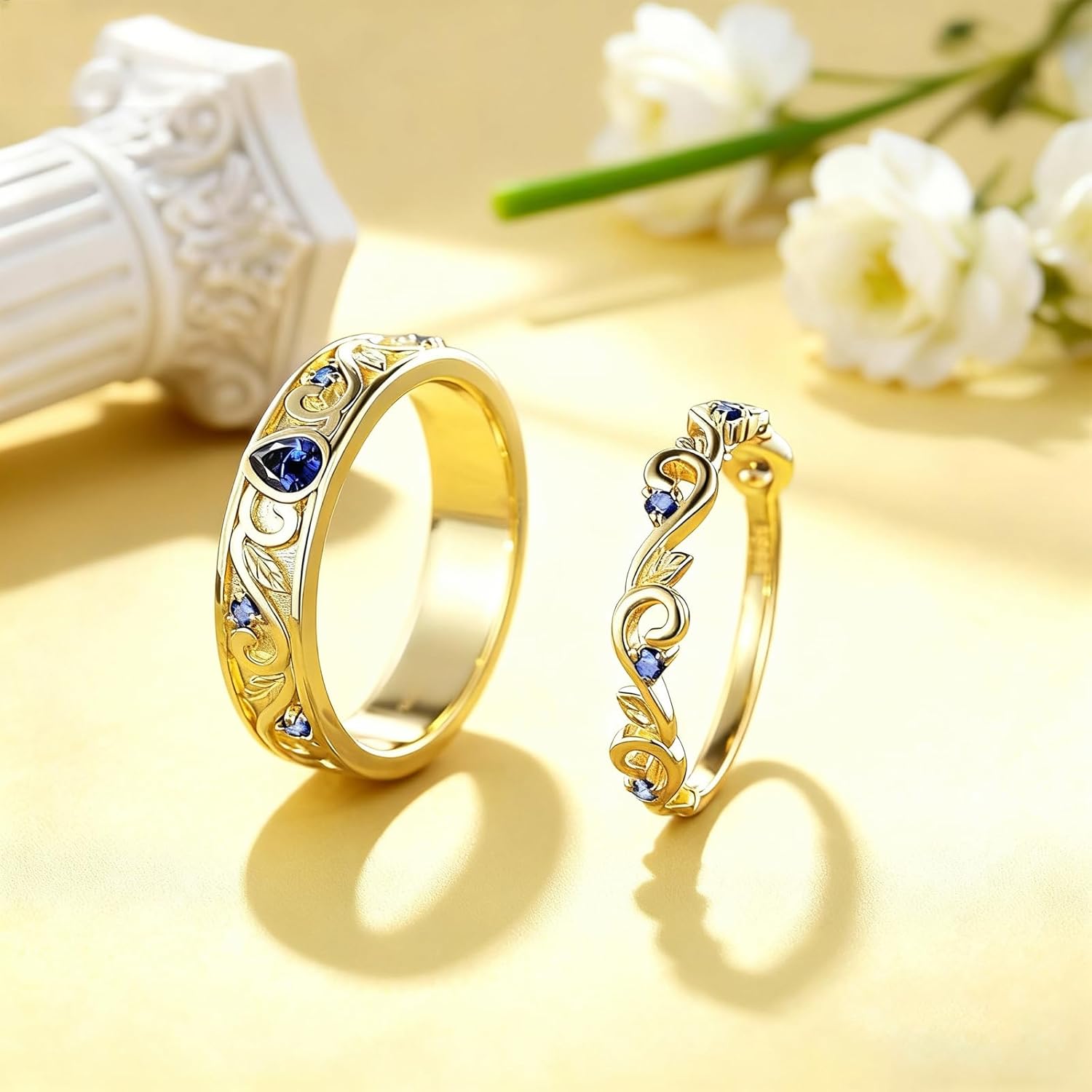 S925 10K/14K/18K Solid Gold Sapphire Wedding Couple Ring Set for Women and Men, 1-3 Carat Heart/Pear/Kite Cut Sapphire Leaf Couple Bands Set for Engagement Anniversary, Free Engraving