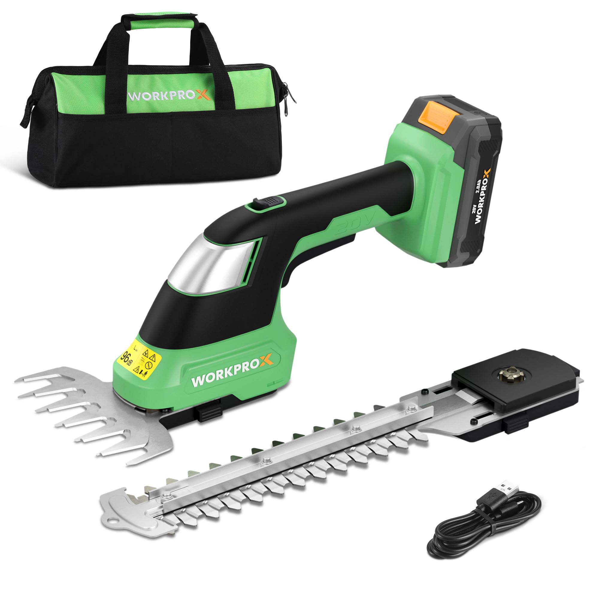 WORKPROX Tagliasiepi a Batteria 20V, 2-in-1 Forbici a Batteria con 2 lame da 2Ah con funzione PowerBank e cavo di ricarica di tipo C, tagliaerba elettrico Per diserbare, potare gli alberi