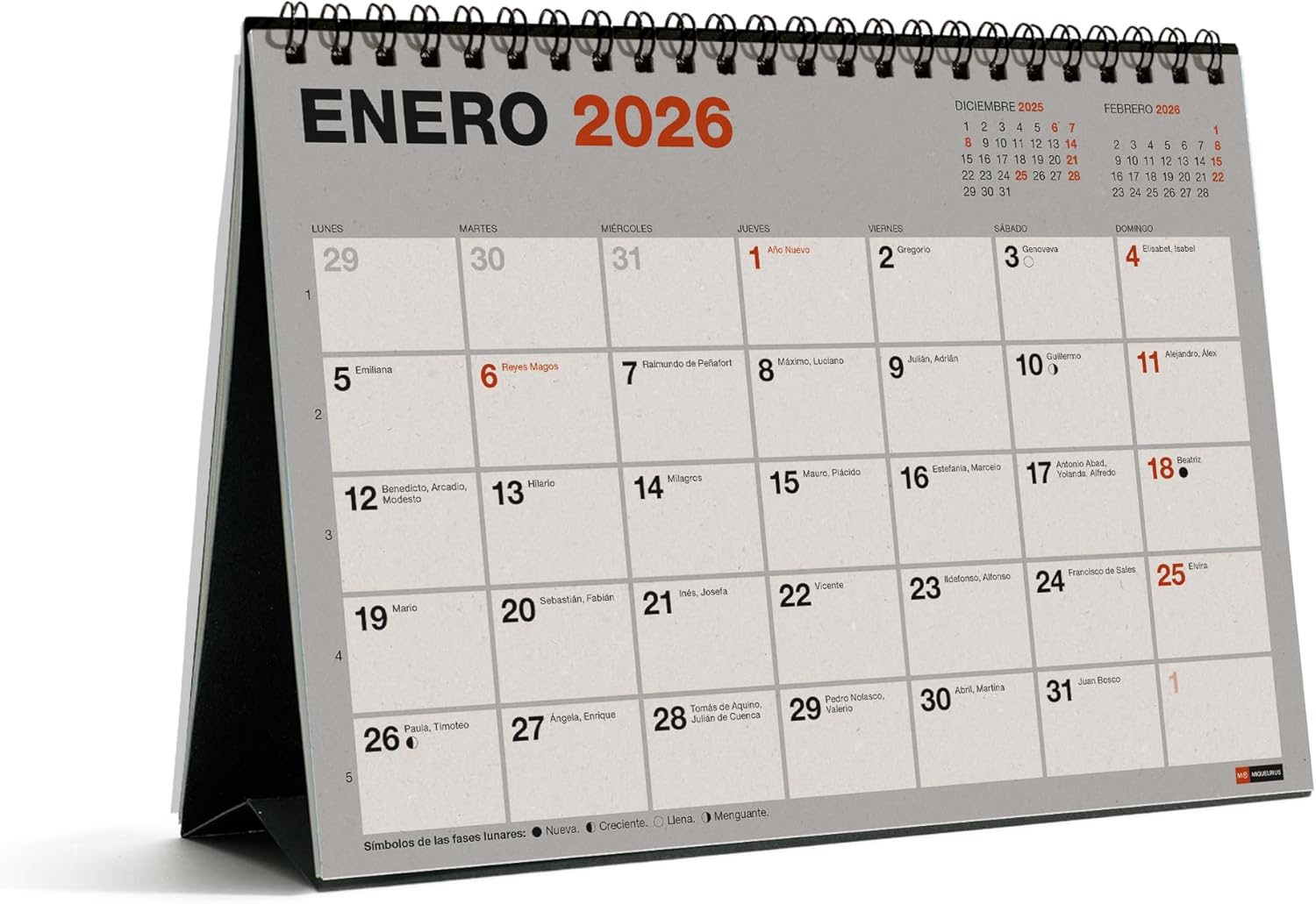 Miquelrius Desk Calendar 2026, 100% Recycled Paper, A5 Monthly Planner, 210 x 148.5 mm, with Double Spiral and Note Compartment, Desk Planner, Spanish