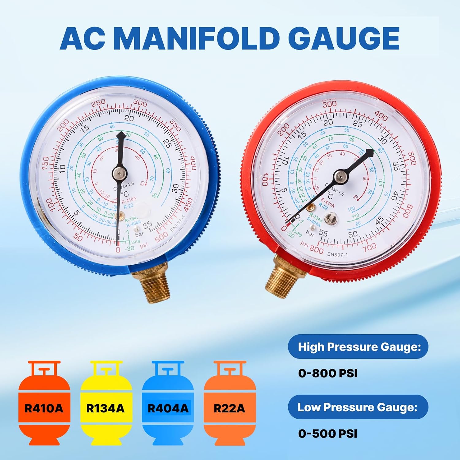 R410A Manifold Gauge Set, High/Low Pressure Gauge, 1/8" Male NPT (70mm) Refrigerant Gauges for R410A R134A R404A R22 HVAC Refrigerant System
