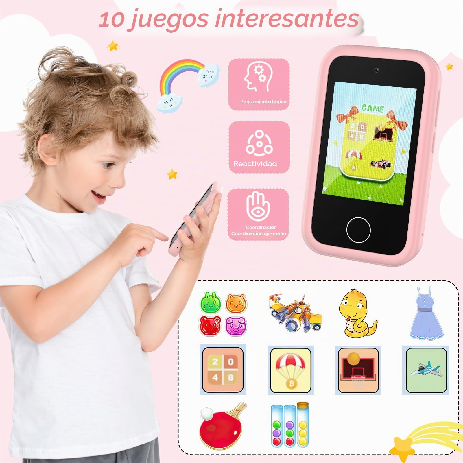 Smartphone Teléfono para Niños,Teléfono móvil para niños,Teléfono móvil Juguete Educativo,Regalo para niña 3 4 5 6 7 8 9 10 años Cumpleaños Navidad Doble Cámara Gatito Pink HD-2.8" Pantalla 32G