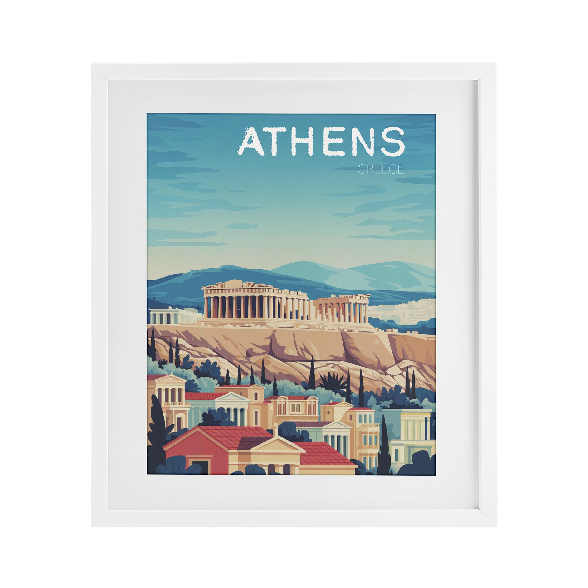 Stupell Industries Coastal White (Textured) 'Athens Topography Cityscape'| Framed Print Under Glass