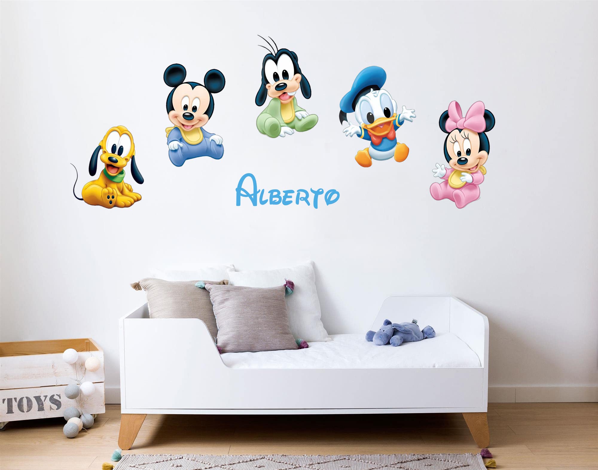 Vinilo decorativo adhesivo infantil Personalizado con nombre Bebés Disney Mickey Minnie Pato Donald Pluto Goofie – Varias medidas (60_x_20_cm)