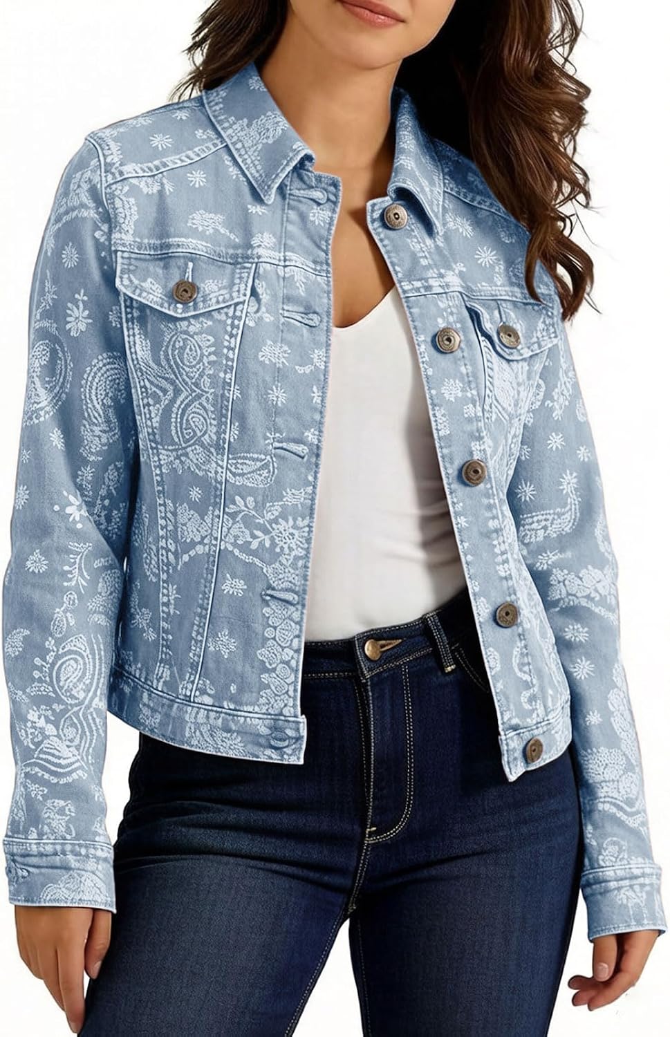 loveimgs Women Floral Print Jean Jacket Button Down Denim Jacket Long Sleeves Boyfriend Baggy Jean Trucker Coat Shacket Retro
