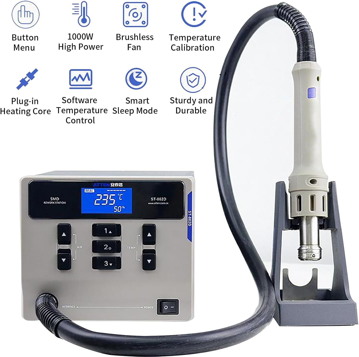 ATTEN ST-862D Hot Air Rework Station, 1000W Hot Air Gun Soldering Station, Intelligent Digital Display Fast Desoldering, BGA Rework Station Automatic Sleep Repair Tool for PCB Chip Soldering(4 Nozzle)