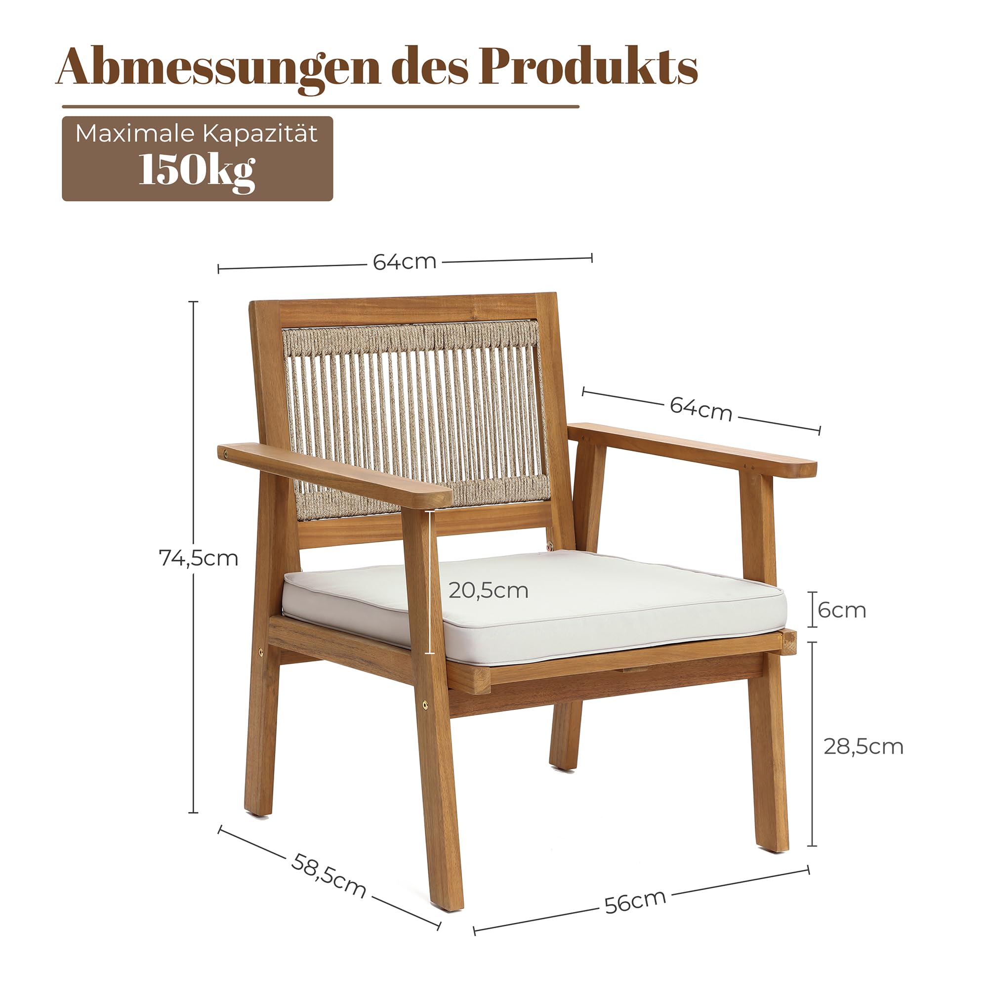 Hometopia Gartenstuhl Holz 2er Set mit Kissen Akazienholz, Outdoor Gartensessel mit Seilbespannung und Geflochtener Rückenlehne, Stabil bis 150kg für Balkon, Terrasse und Garten 64 x 64 x 75 cm