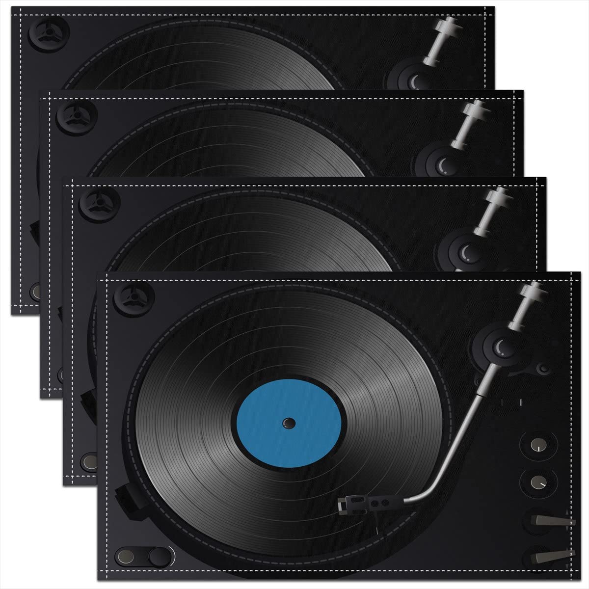 Homemissing Multicoloured 32 Disc Table Place Mats, 45X30cm Placemats Set Of 4 Soft Retro Record Blue Grey Placemat For Kitchen Dining Table Indoor Outdoor Musical Instruments Decorative