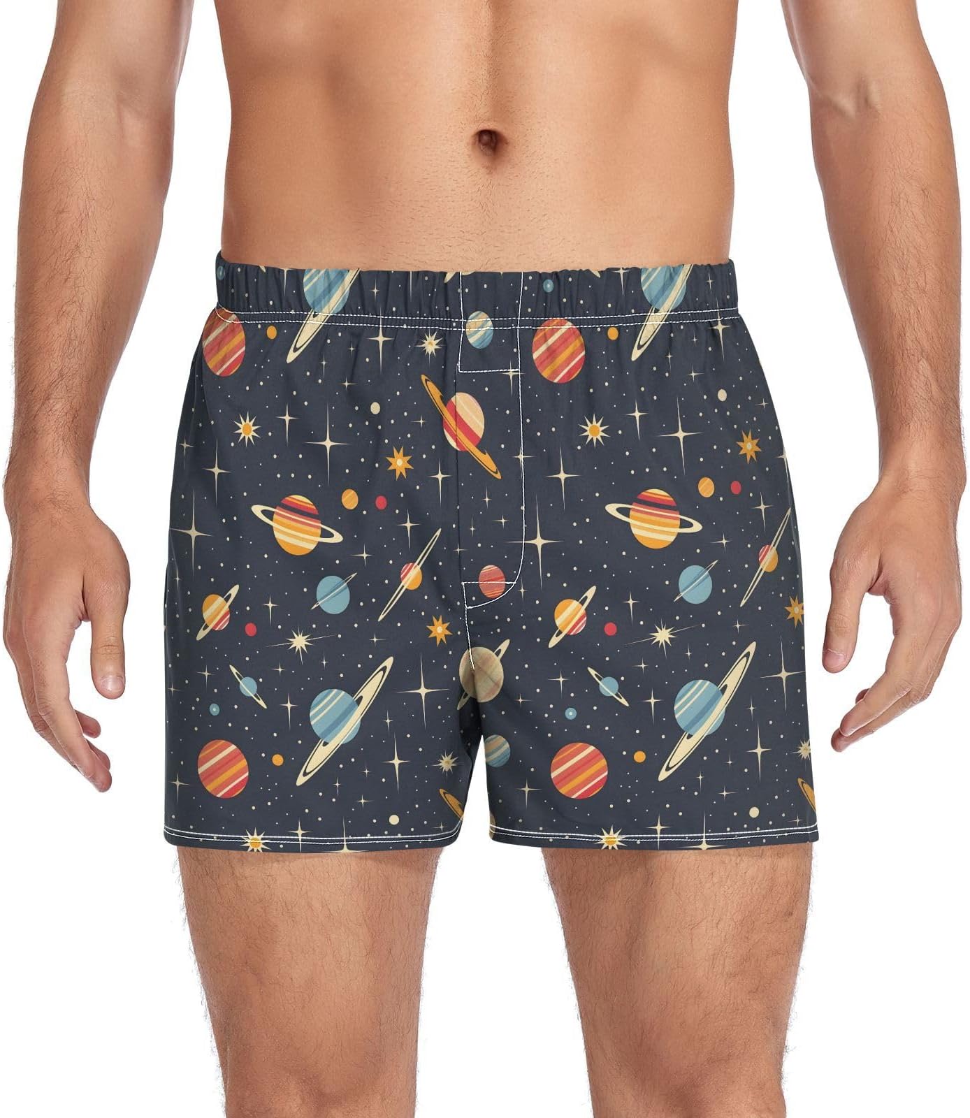 Retro Space Planet Solar System Men's Boxer Cotton Shorts Briefs Underwear Soft Breathable Button L