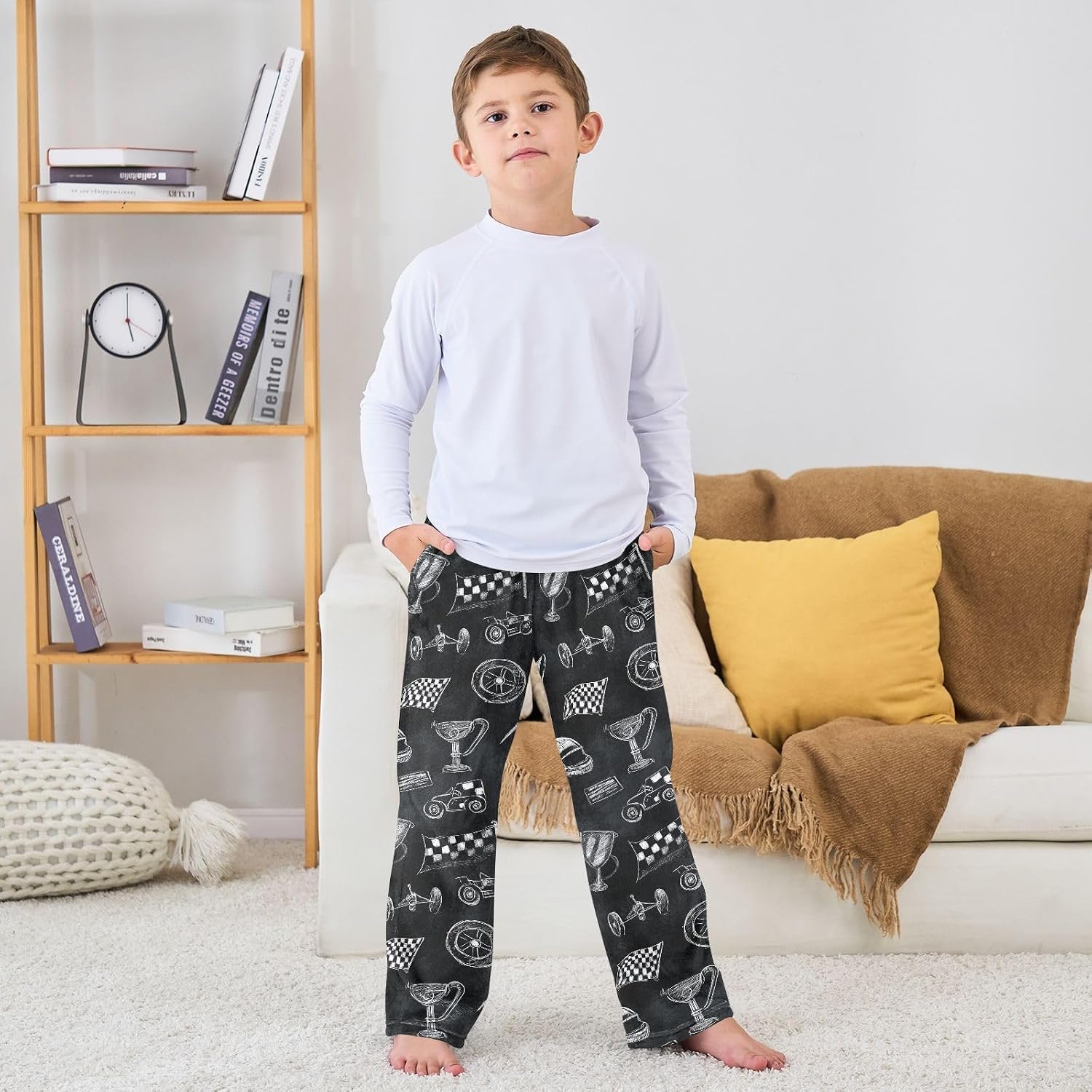 Hand Draw Race Cars Pattern Boys Pants for Kids Fleece Bottoms Long Jogger Pants Trousers with Pockets Size 6-14Y