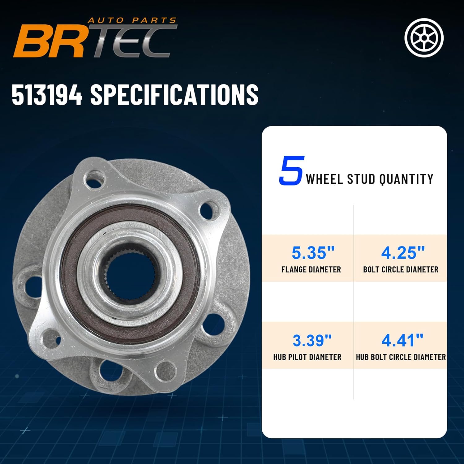 513194 2PCS Front Wheel Hub and Bearing Assembly for Volvo S60 2001-2009 / S80 1999-2006 / V70 2001-2007 / XC70 2003-2007 5 Lug Pair