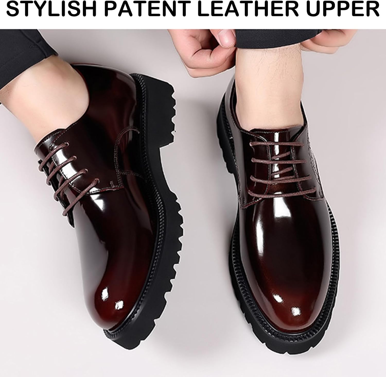 Men's Patent Leather Lace Up Platform Work Oxfords Round Toe Slip Resistant Low Top Lug Sole Brogues Dress Shoes Comfortable Business Formal Shoes - Image 2