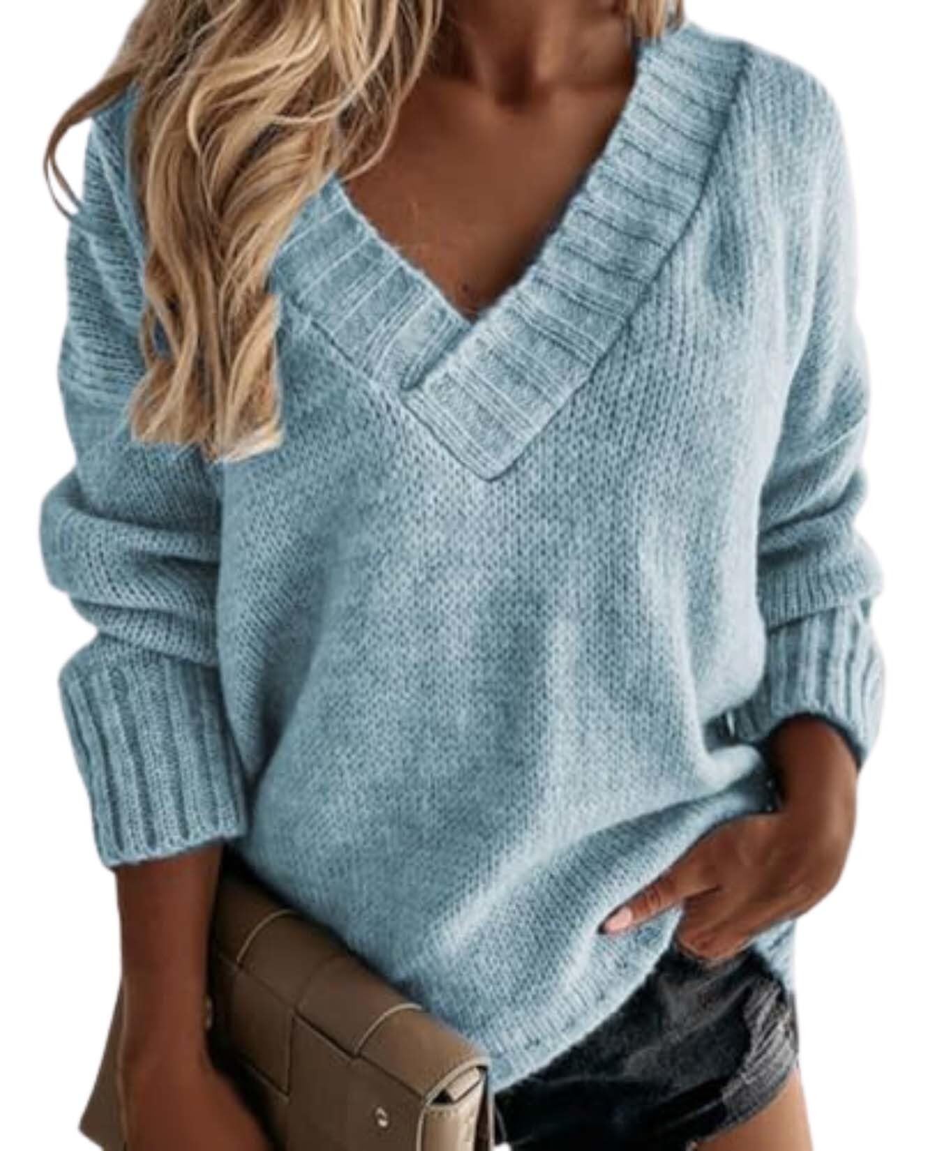 Chunky Sweaters for Women Long Sleeve V Neck Classic Solid Knitted Sweater Loose Fit Pullover Knitwear Tops
