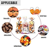 Vista 5 de LOMIMOS 150 bolsas de dulces de celofán de Halloween, bolsas de plástico transparente con 300 lazos giratorios para aperitivos, galletas