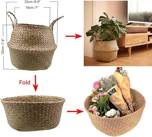 Miniatura 2 de CENGOOD Cesta tejida de hierba marina natural plegable con asas para almacenamiento, juguetes, lavandería, guardería, maceta, decorativa, S (7.8 x