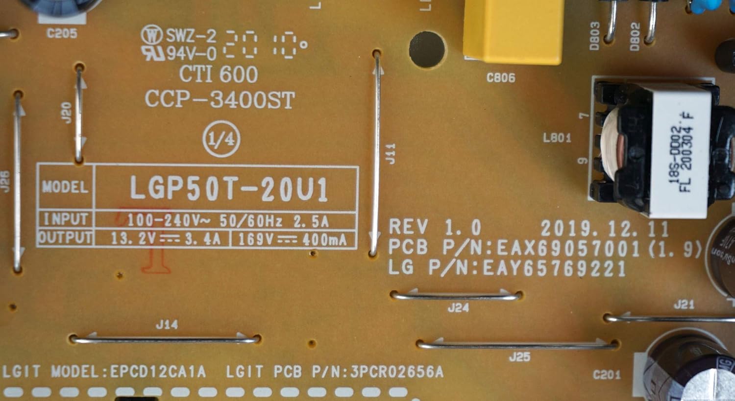 Close-up of the power supply board showing model LGP50T-20U1 and part numbers EAX69057001, EAY65769221, 3PCR02656A, CCP-3400ST