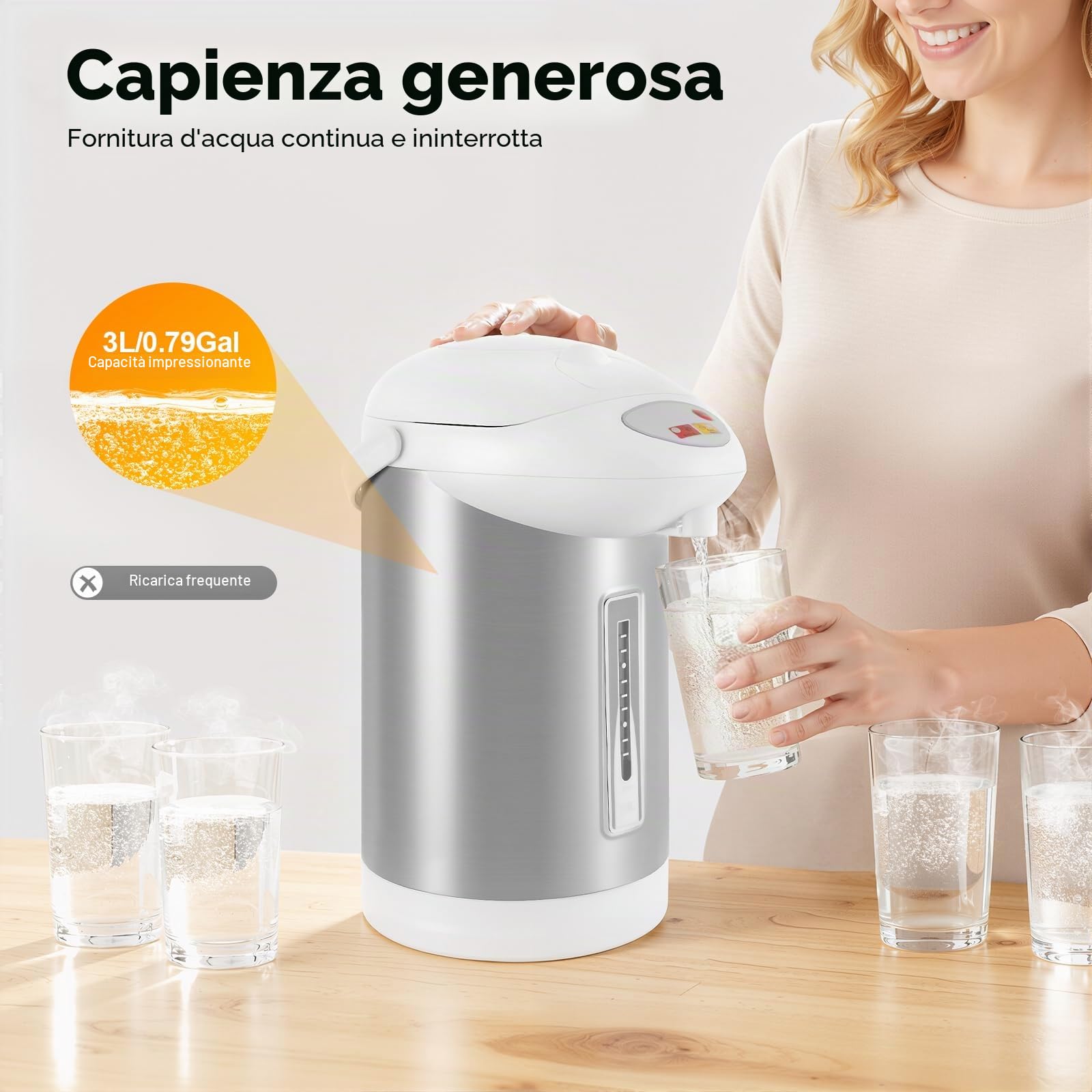 Thermopot 3 l, 750 W, erogatore di acqua calda in acciaio inox, con controllo della temperatura, 90 °C, 24 ore, funzione di mantenimento del calore, bollitore elettrico, con tre metodi di